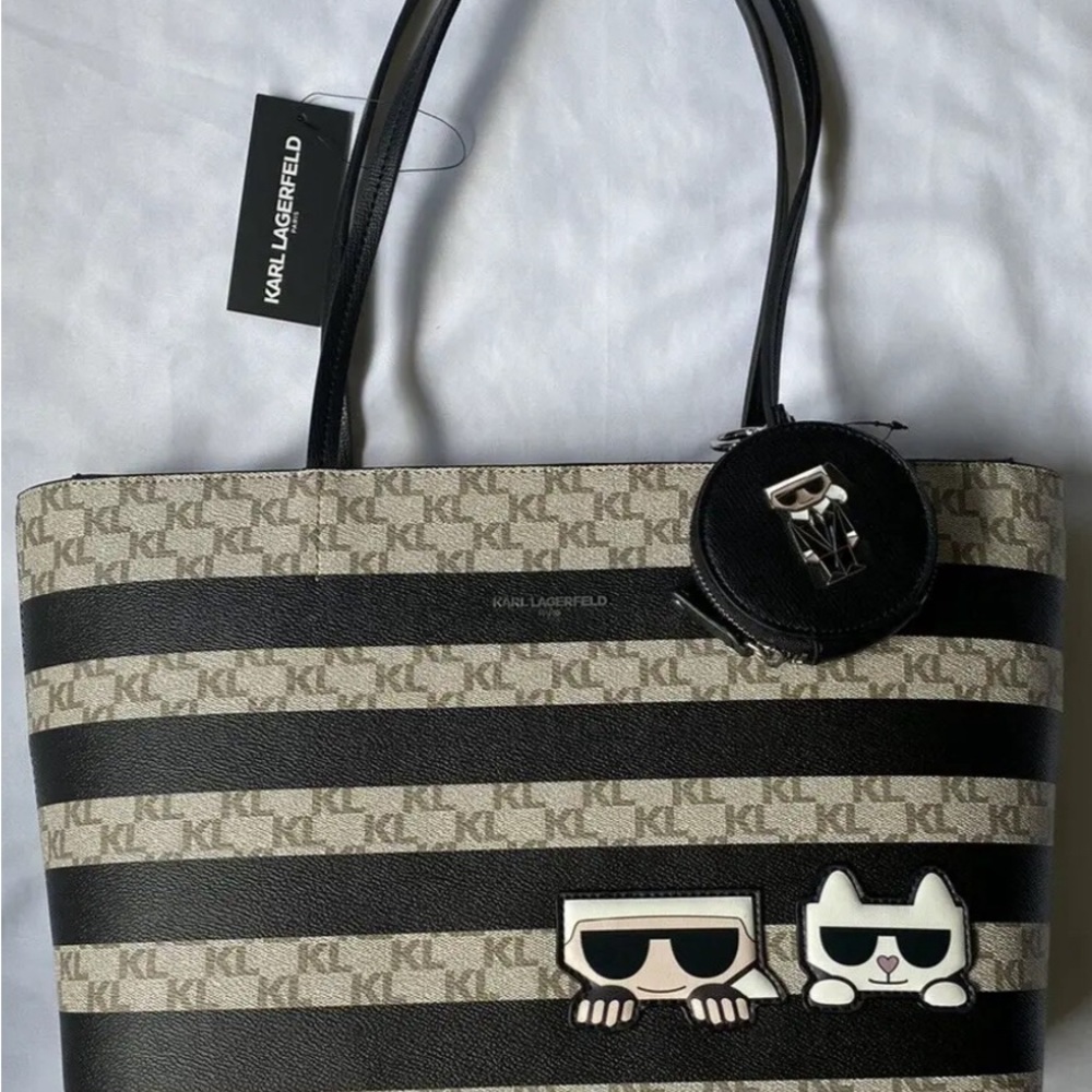 Karl Lagerfeld Paris Tote Bag w/ Coin Purse Karl Cat Patches Black/Tan Silver